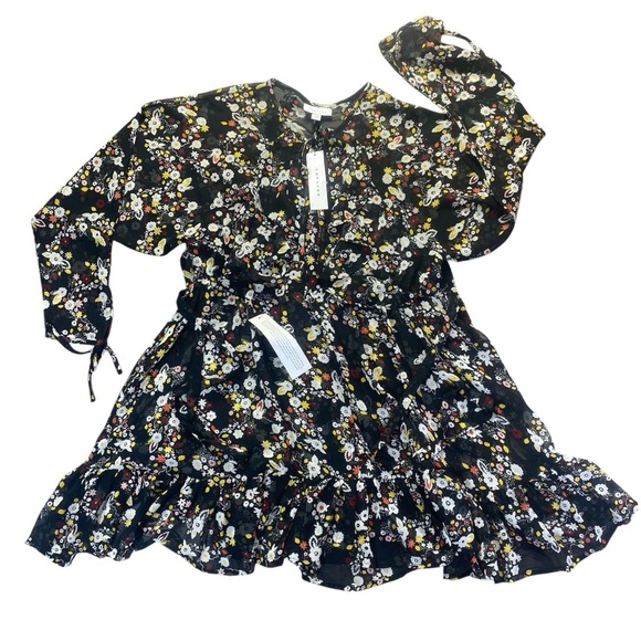 Nordstrom Black Floral Sheer Ruffle Mini Dress NWT Long Sleeve Size Small - Picture 5 of 11